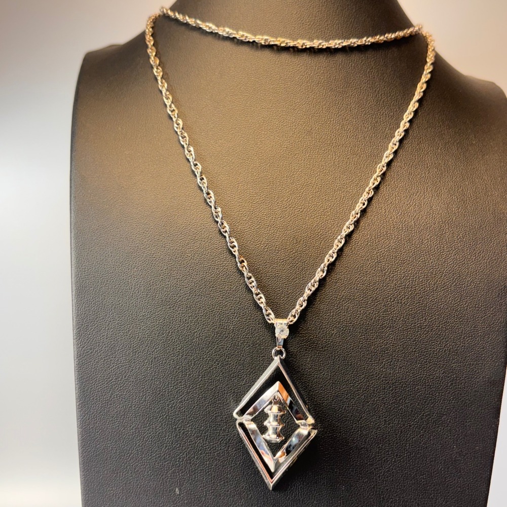 Architectural Geometric Pendant Necklace Silver Tone Vintage Chain Statement